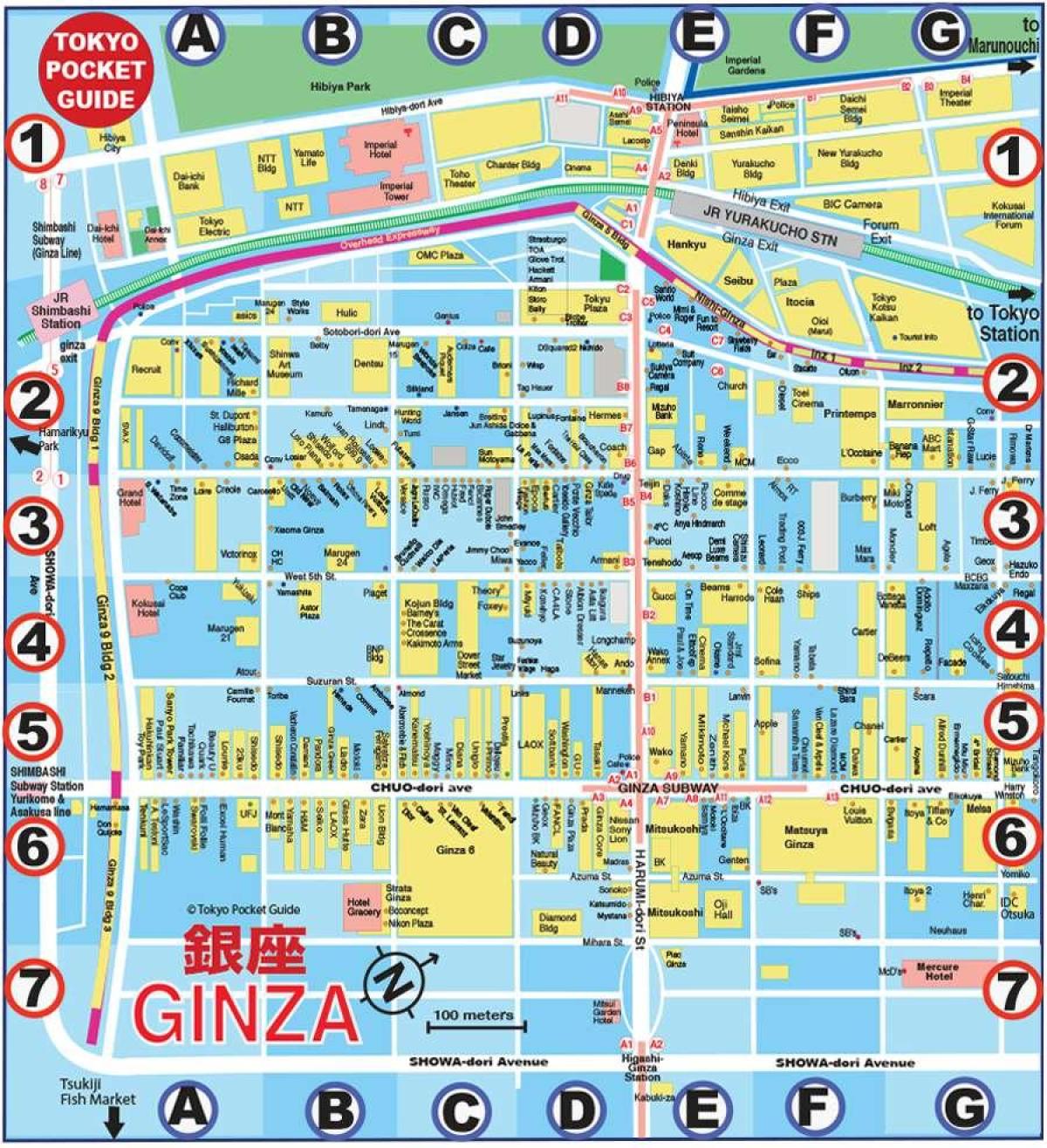 mapa dzielnicy Ginza w Tokio w języku angielskim